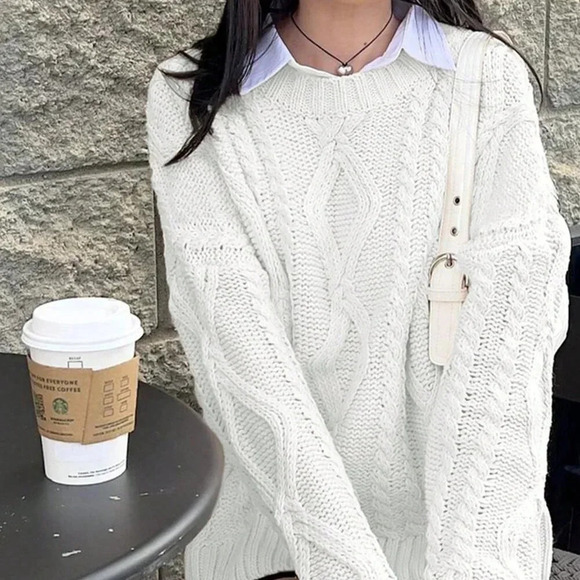 White Casual Women's Deep Round Neck Cable Knit Loose Pullover Sweater - Picture 6 of 7